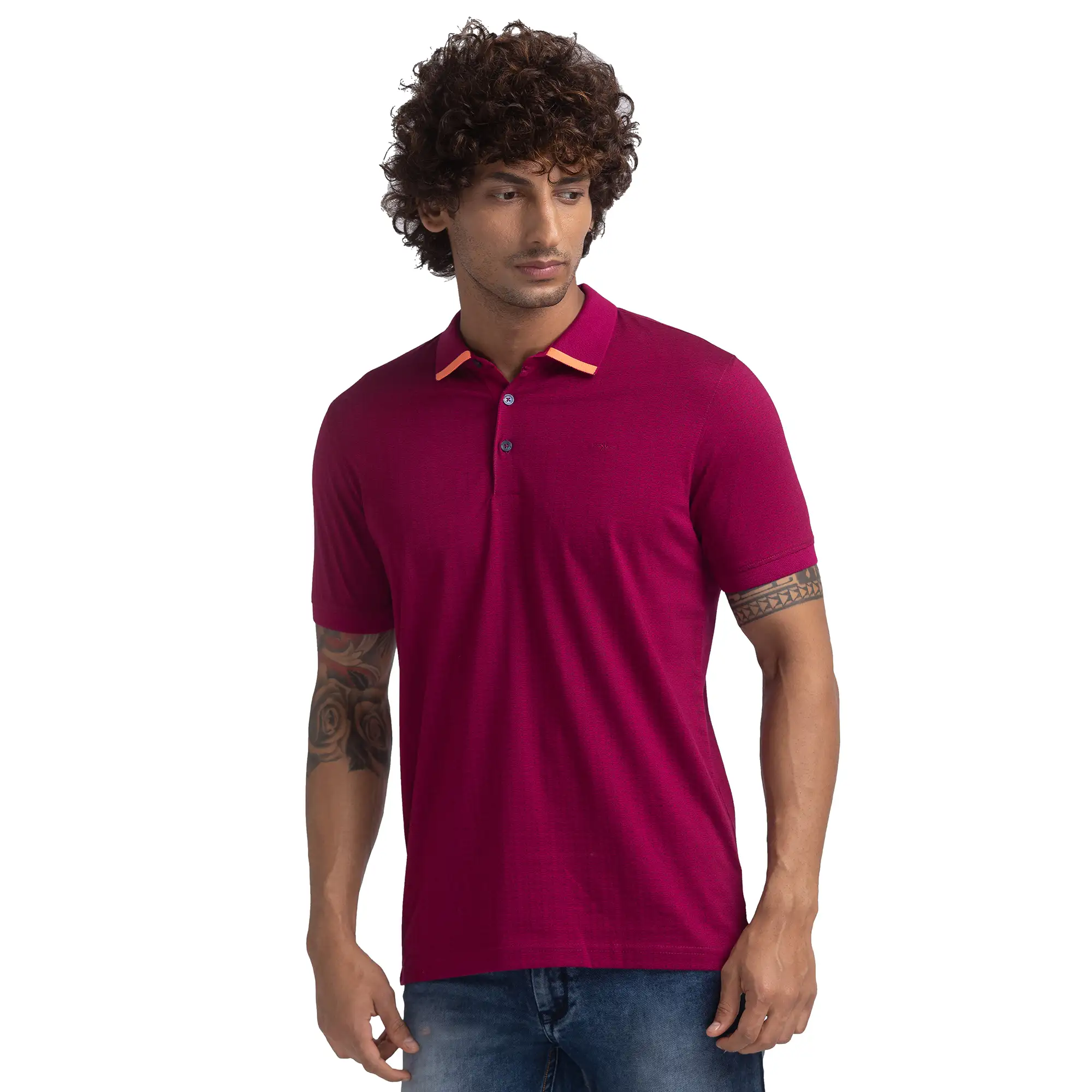 Men Red Slim Fit Print Cotton Round Neck Collar Polo T-Shirt - Image 3