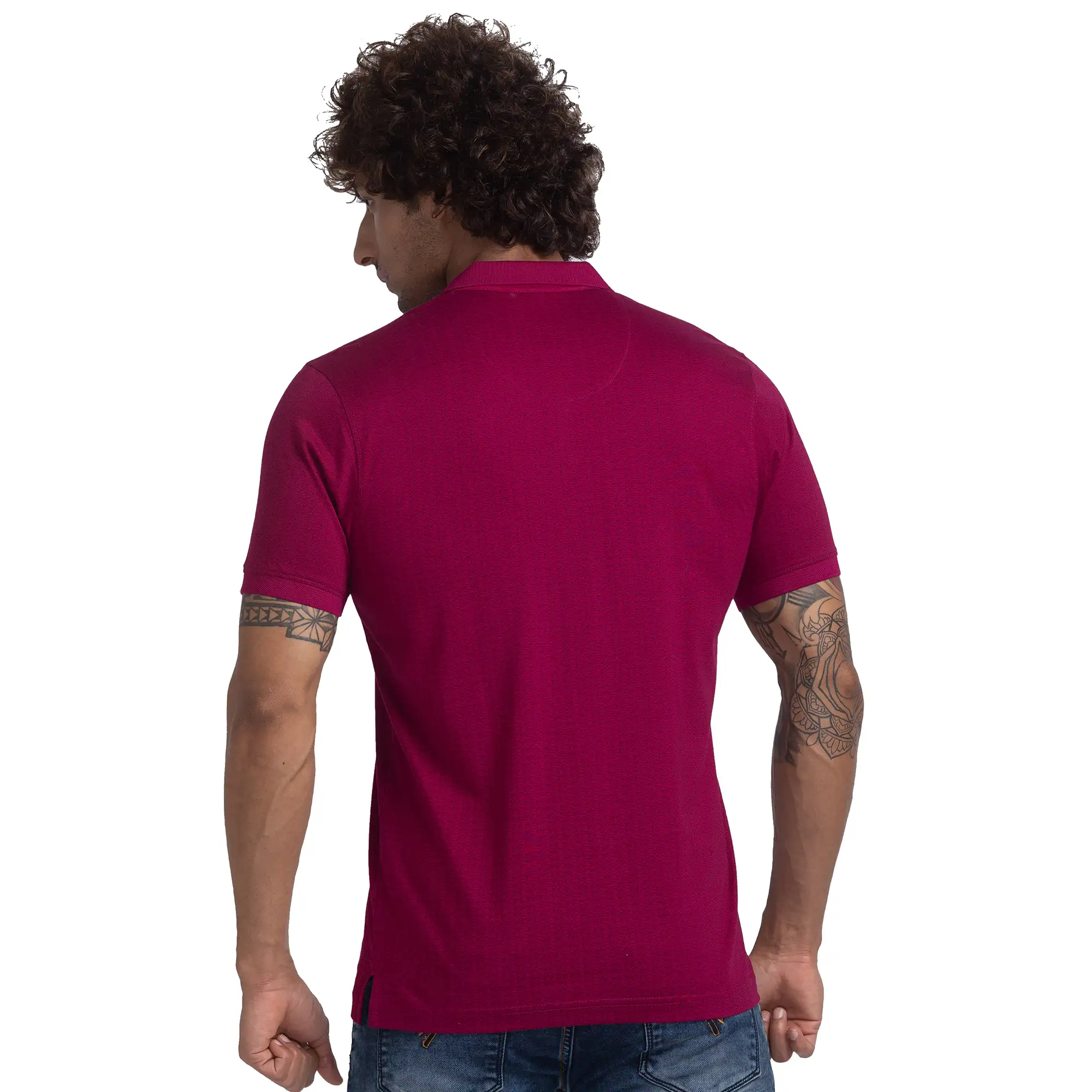 Men Red Slim Fit Print Cotton Round Neck Collar Polo T-Shirt - Image 4