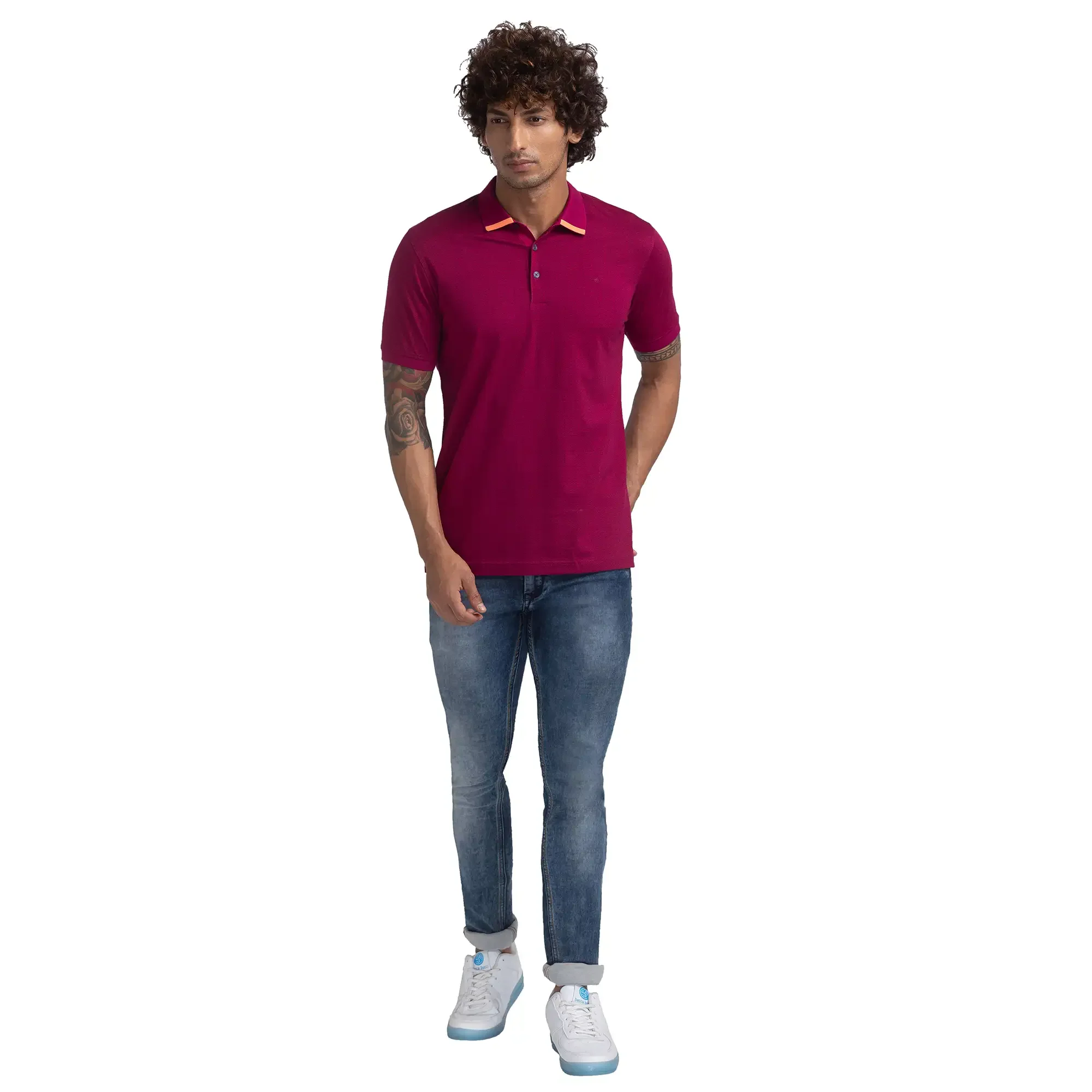Men Red Slim Fit Print Cotton Round Neck Collar Polo T-Shirt - Image 5