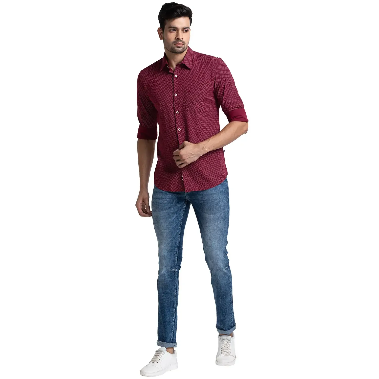 Men Red Slim Fit Print Polyester Blend Full Sleeve Shirts - Image 5