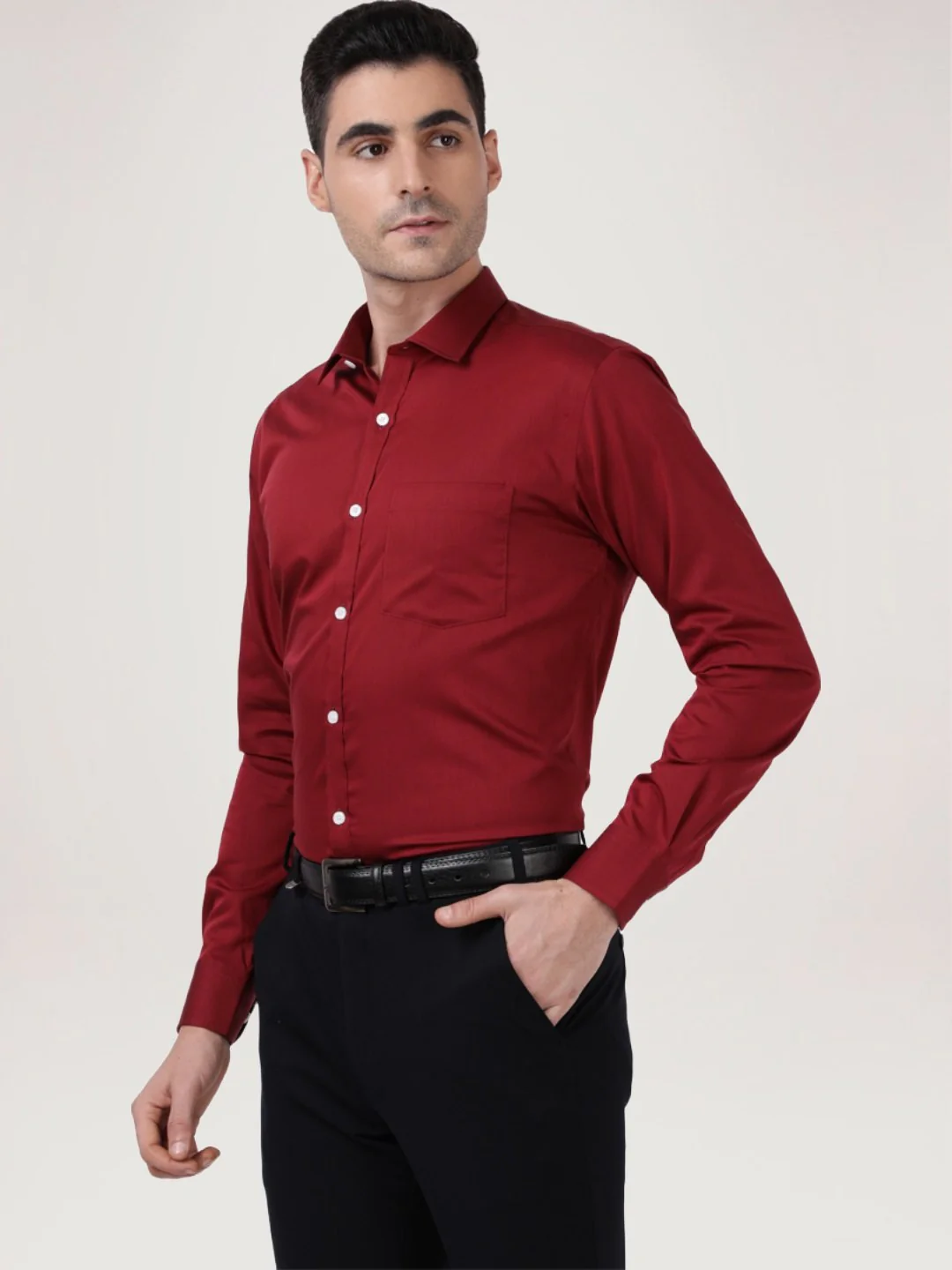 Men Red Slim Fit Solid Cotton Cut Away Collar Shirts - Image 4