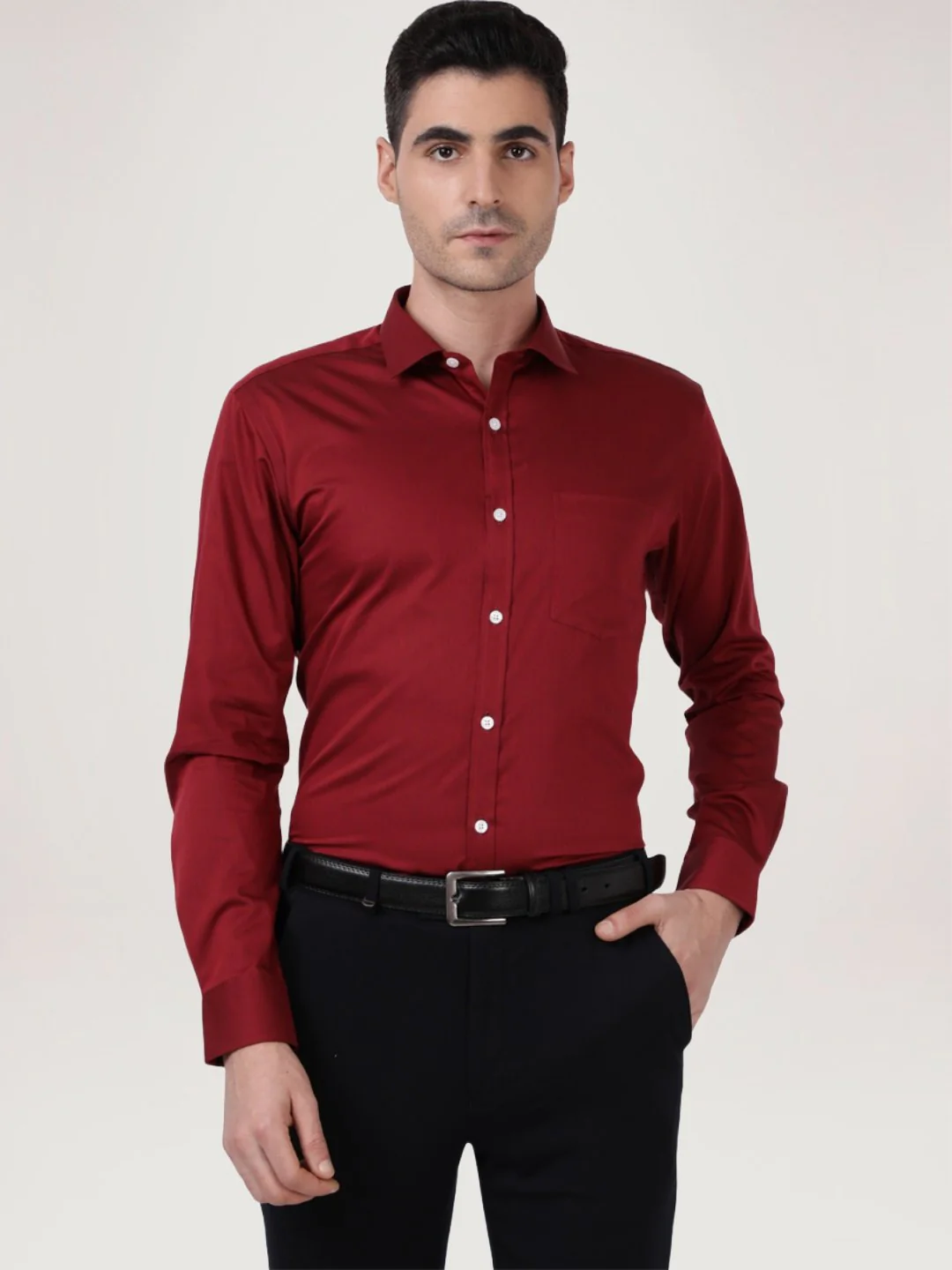 Men Red Slim Fit Solid Cotton Cut Away Collar Shirts - Image 6
