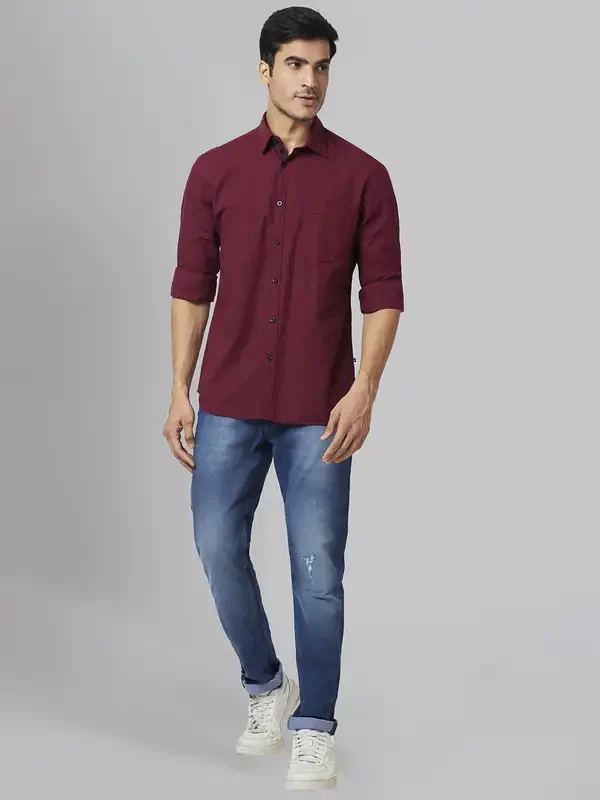 Men Red Slim Fit Solid Cotton Full Sleeve Shirts - Image 5