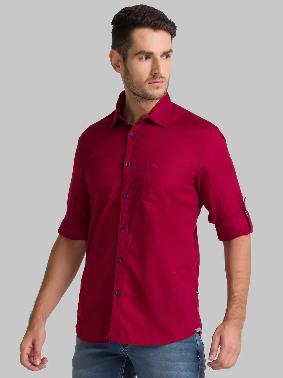 Men Red Slim Fit Solid Cotton Full Sleeve Shirts - Image 3
