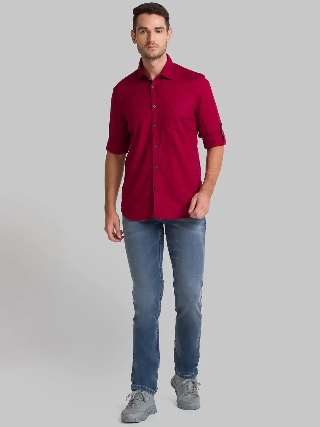Men Red Slim Fit Solid Cotton Full Sleeve Shirts - Image 7