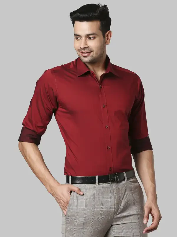 Men Red Slim Fit Solid Cotton Full Sleeve Shirts - Image 3