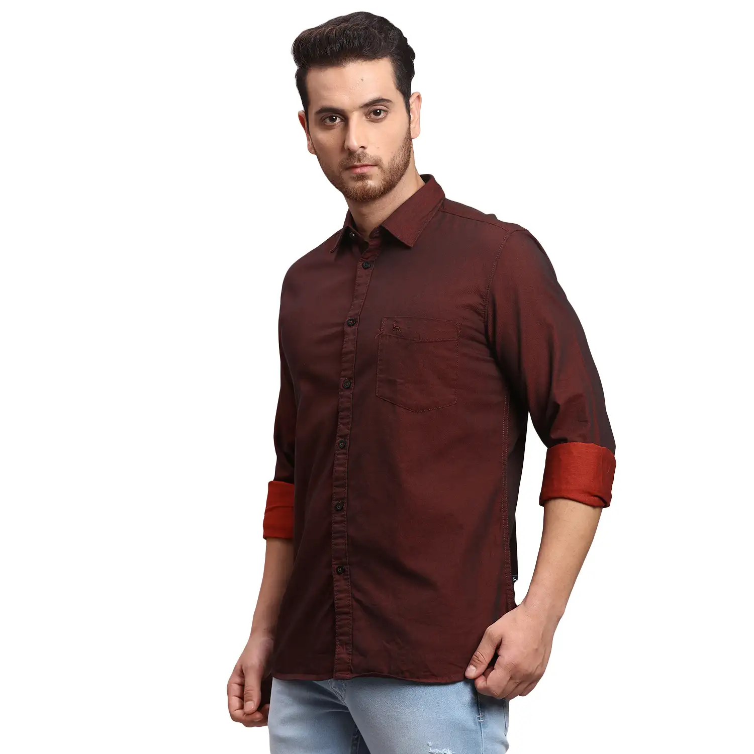 Men Red Slim Fit Solid Cotton Full Sleeve Shirts - Image 3