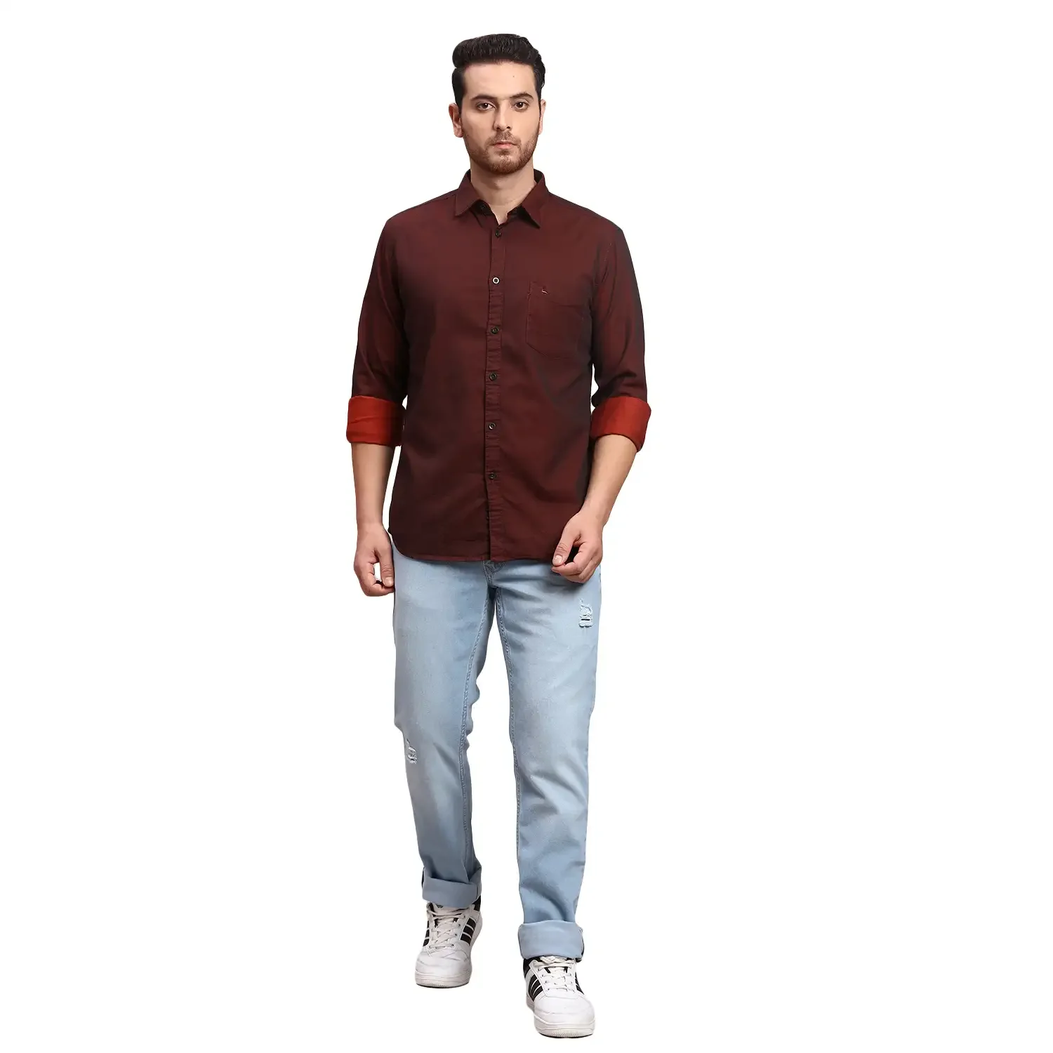 Men Red Slim Fit Solid Cotton Full Sleeve Shirts - Image 5