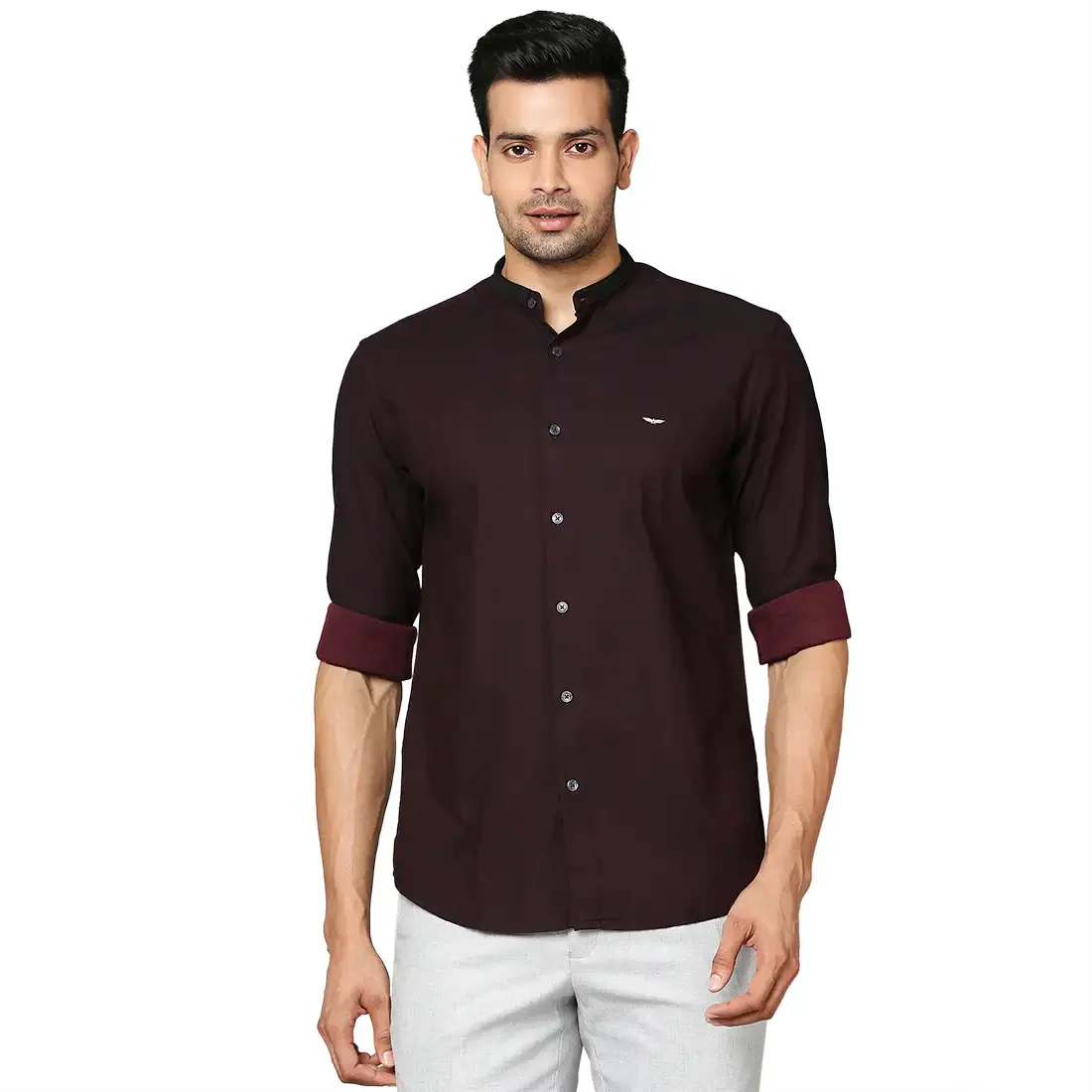 Men Red Slim Fit Solid Cotton Mandarin Collar Shirts