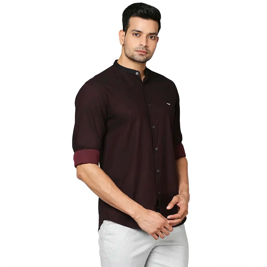 Men Red Slim Fit Solid Cotton Mandarin Collar Shirts - Image 2