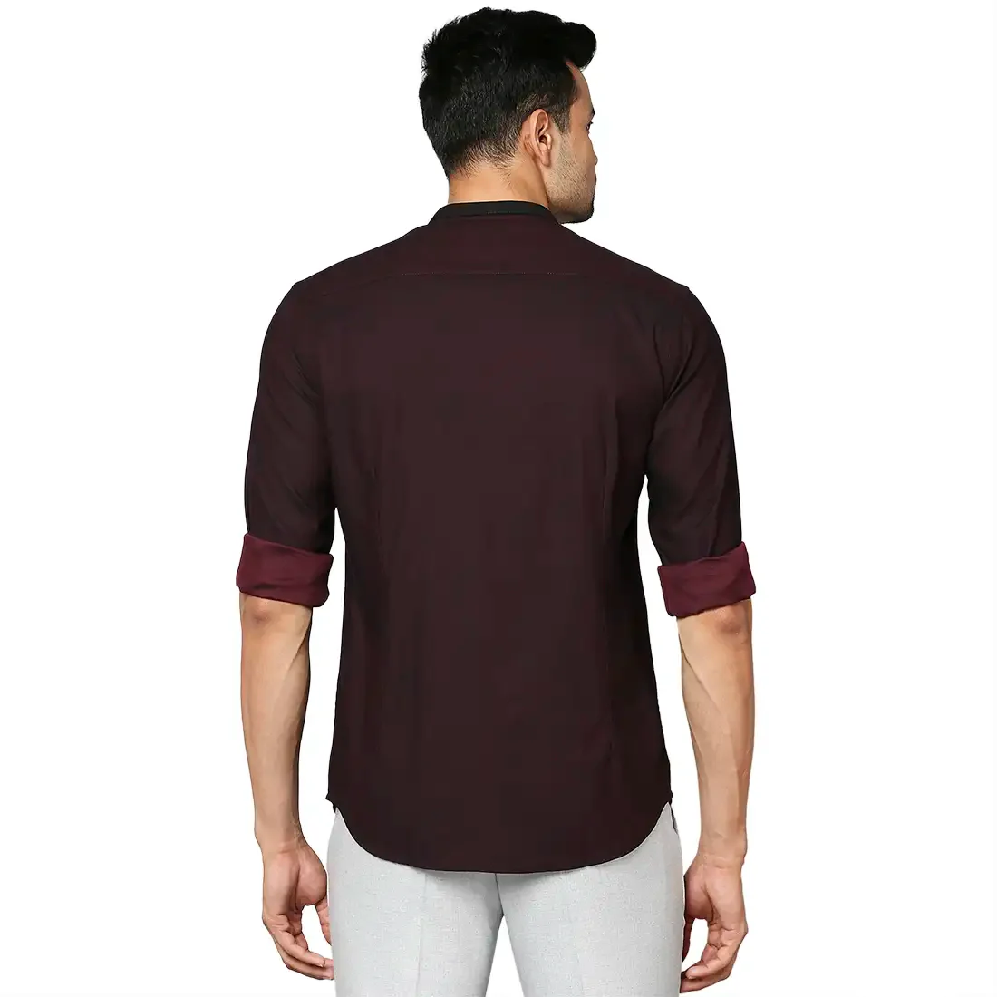 Men Red Slim Fit Solid Cotton Mandarin Collar Shirts - Image 4
