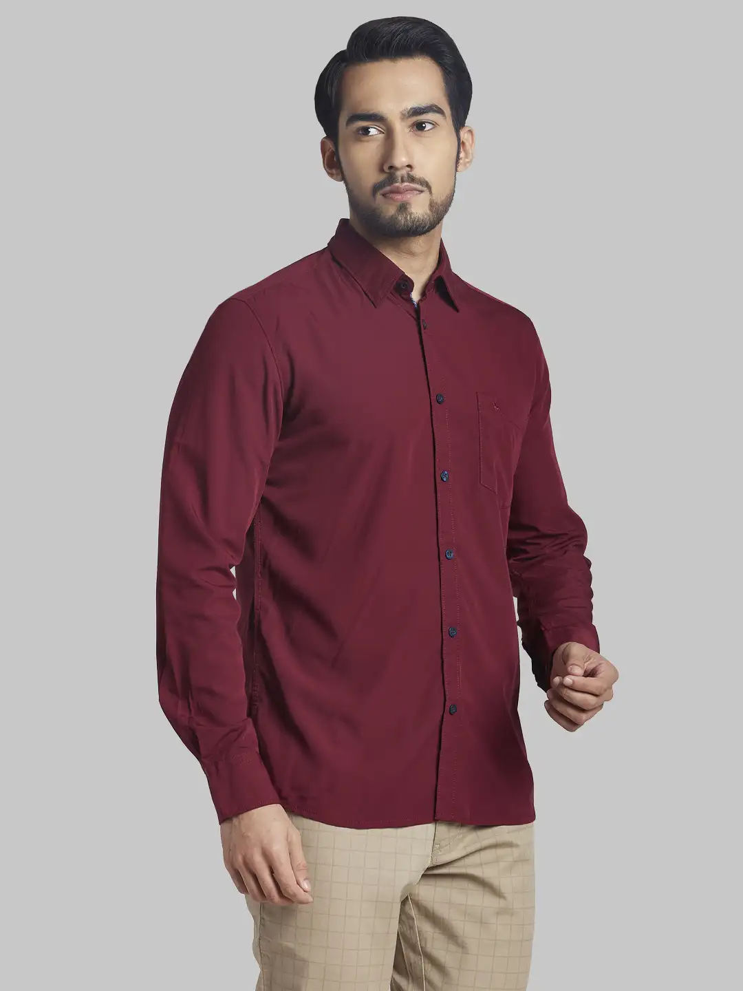 Men Red Slim Fit Solid Polyester Blend Full Sleeve Shirts - Image 2