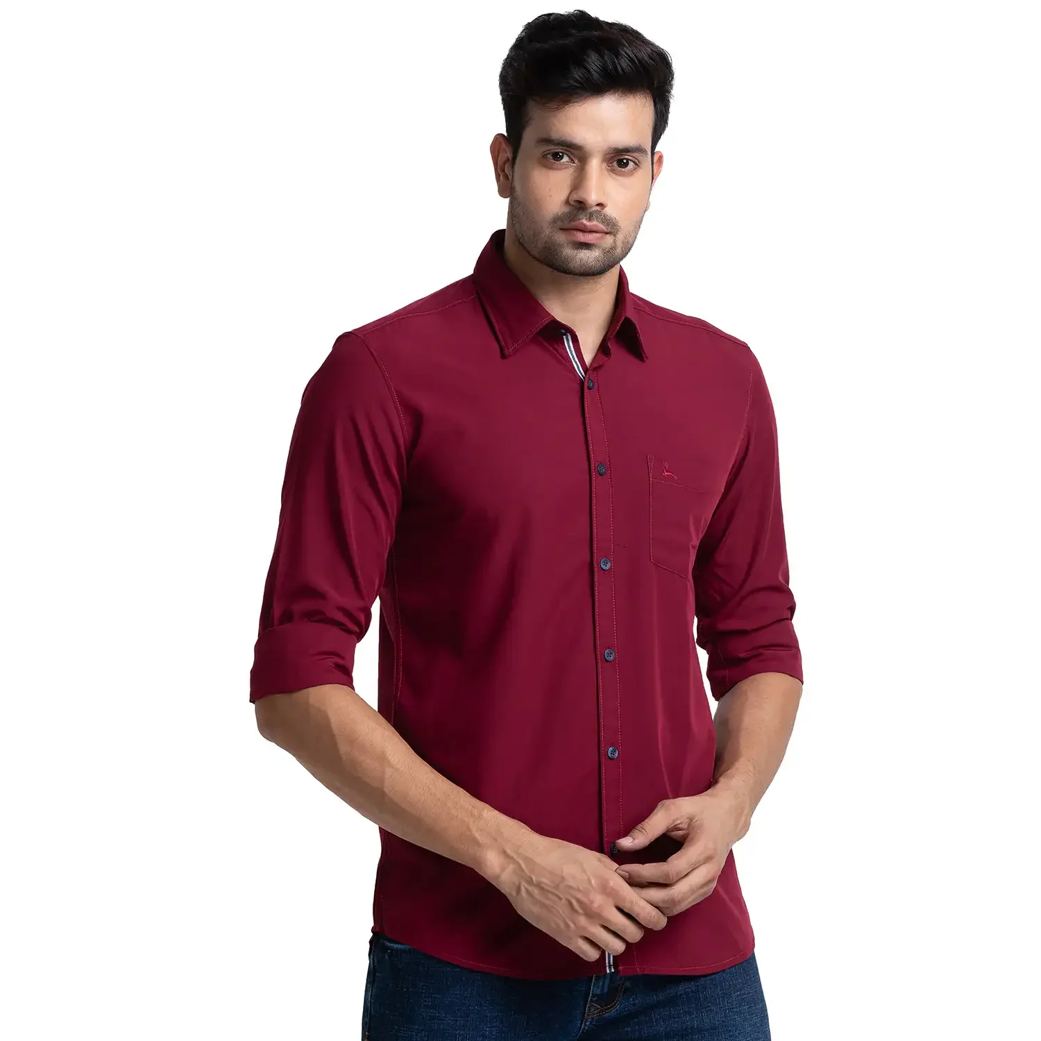 Men Red Slim Fit Solid Polyester Blend Full Sleeve Shirts - Image 2