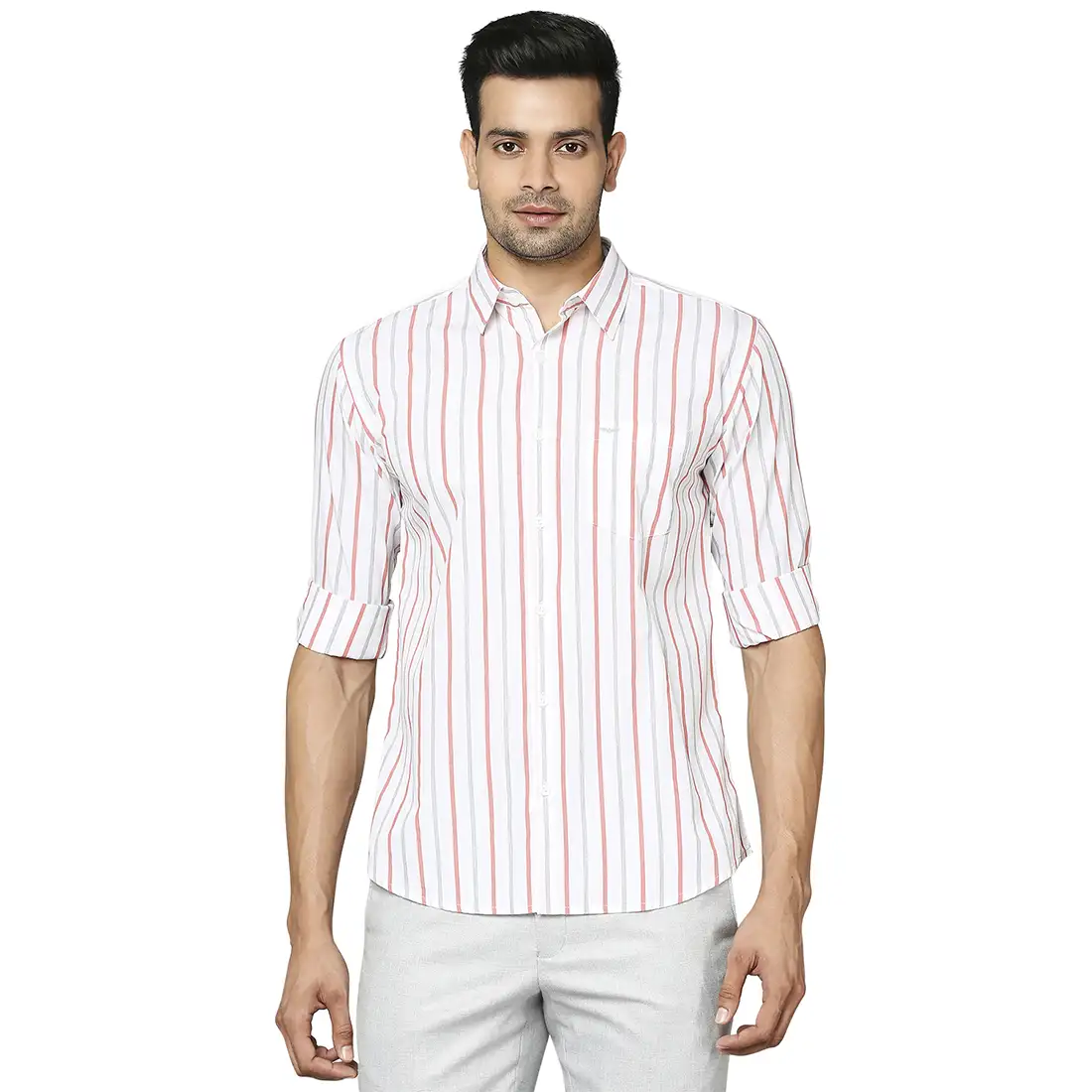 Men Red Slim Fit Stripe Cotton Cut Away Collar Shirts