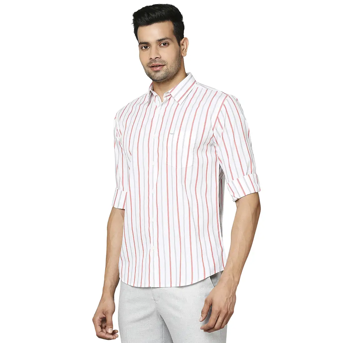 Men Red Slim Fit Stripe Cotton Cut Away Collar Shirts - Image 3