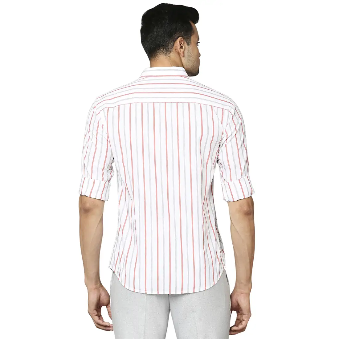 Men Red Slim Fit Stripe Cotton Cut Away Collar Shirts - Image 4