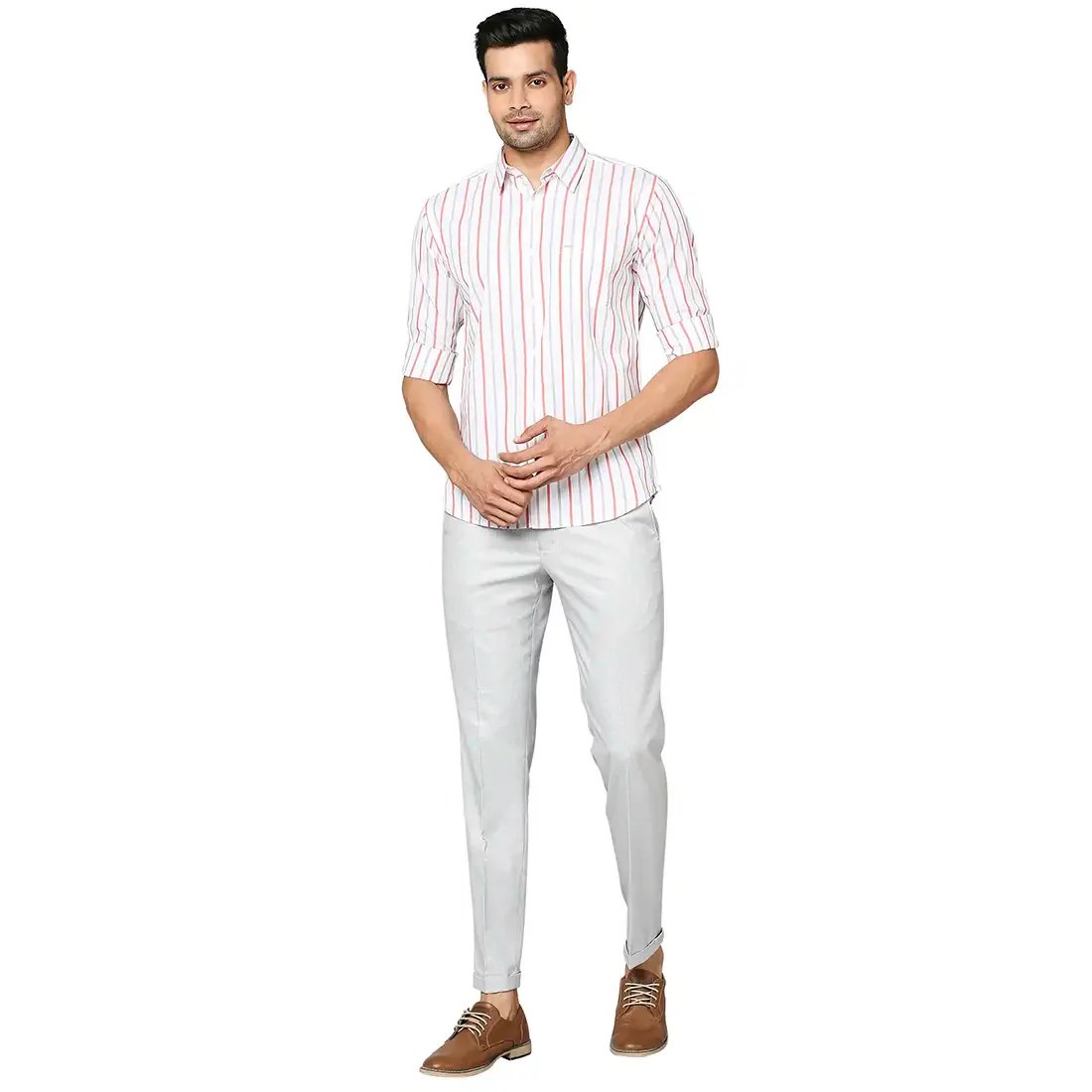 Men Red Slim Fit Stripe Cotton Cut Away Collar Shirts - Image 5