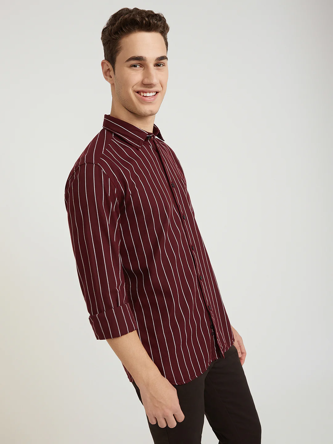 Men Red Slim Fit Stripe Cotton Full Sleeve Shirts - Image 2