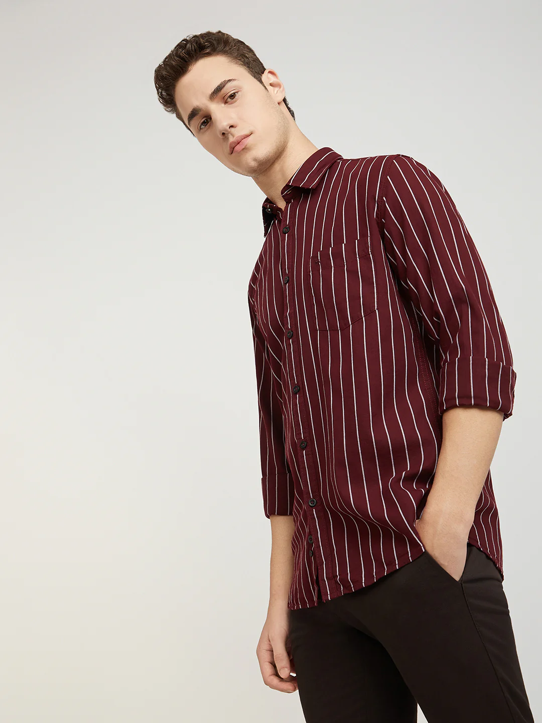 Men Red Slim Fit Stripe Cotton Full Sleeve Shirts - Image 3