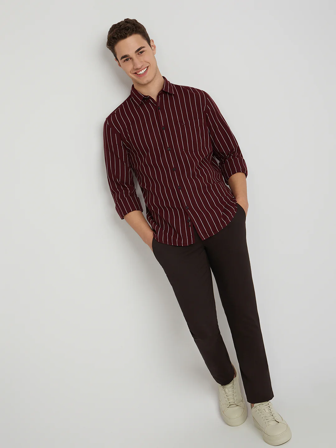 Men Red Slim Fit Stripe Cotton Full Sleeve Shirts - Image 5