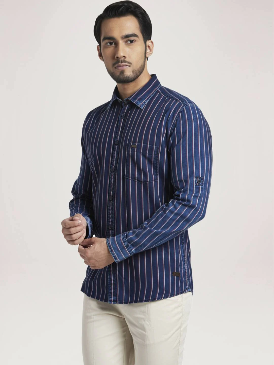 Men Red Slim Fit Stripe Cotton Full Sleeve Shirts - Image 4