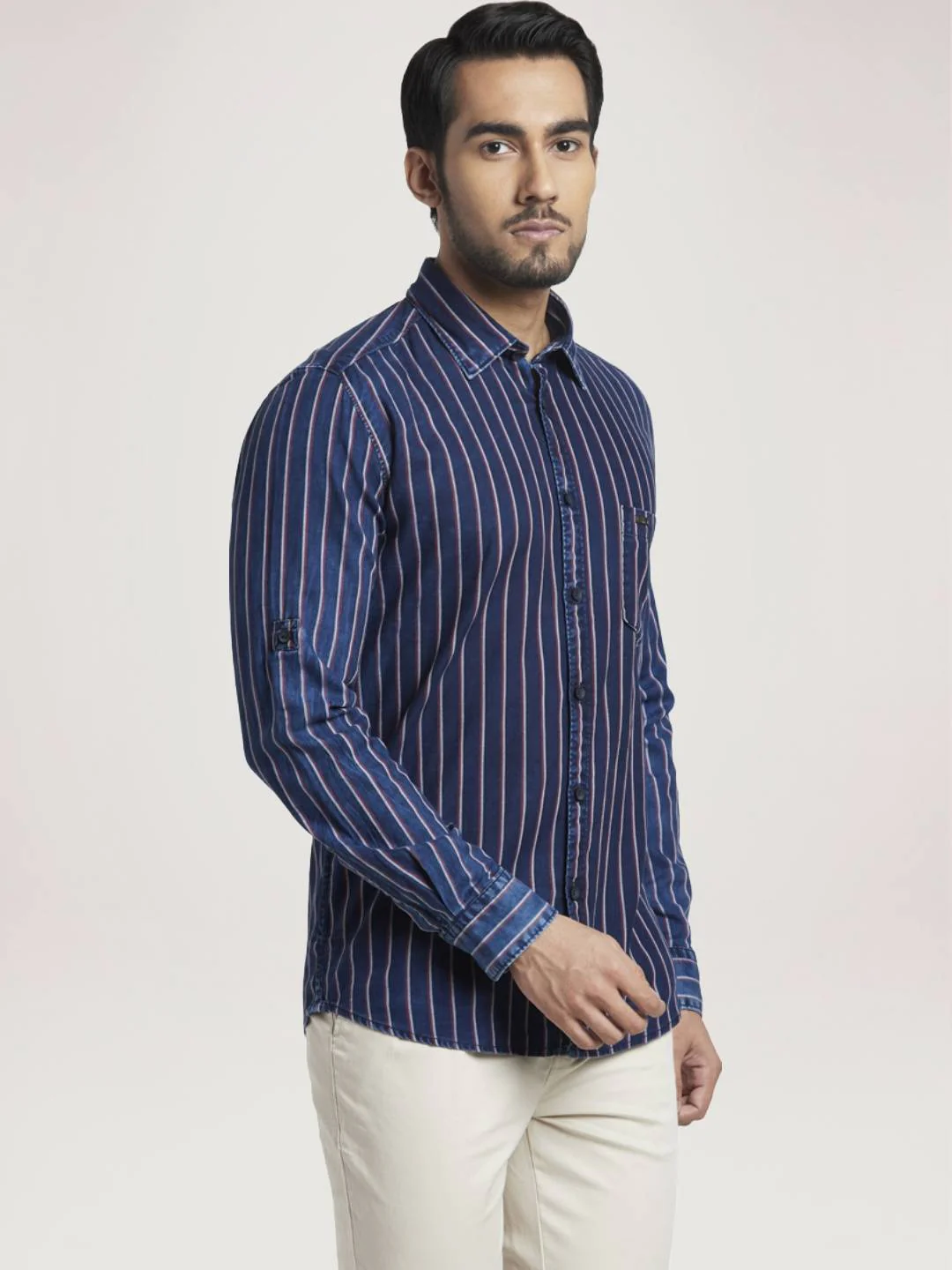 Men Red Slim Fit Stripe Cotton Full Sleeve Shirts - Image 5