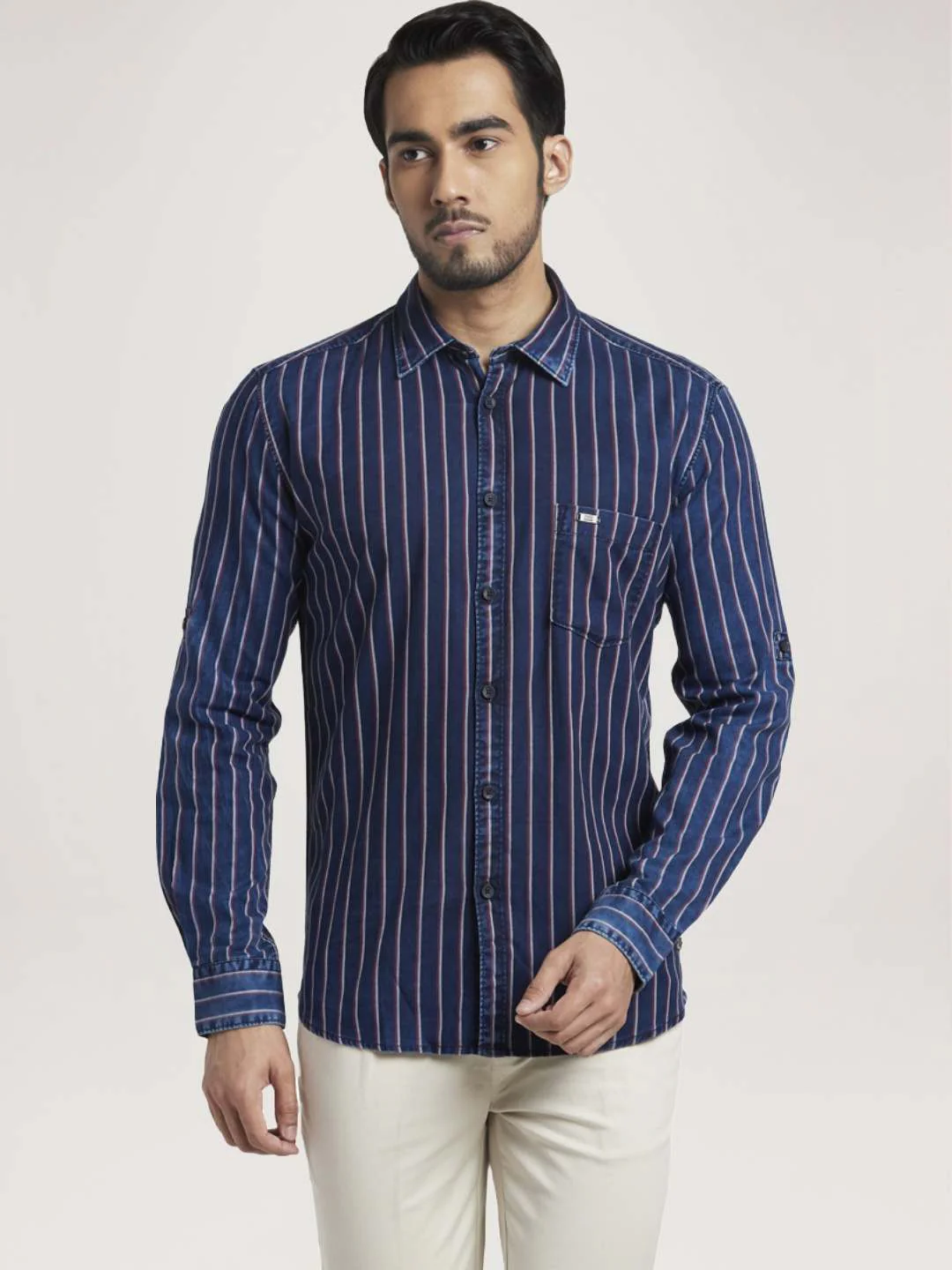 Men Red Slim Fit Stripe Cotton Full Sleeve Shirts - Image 6