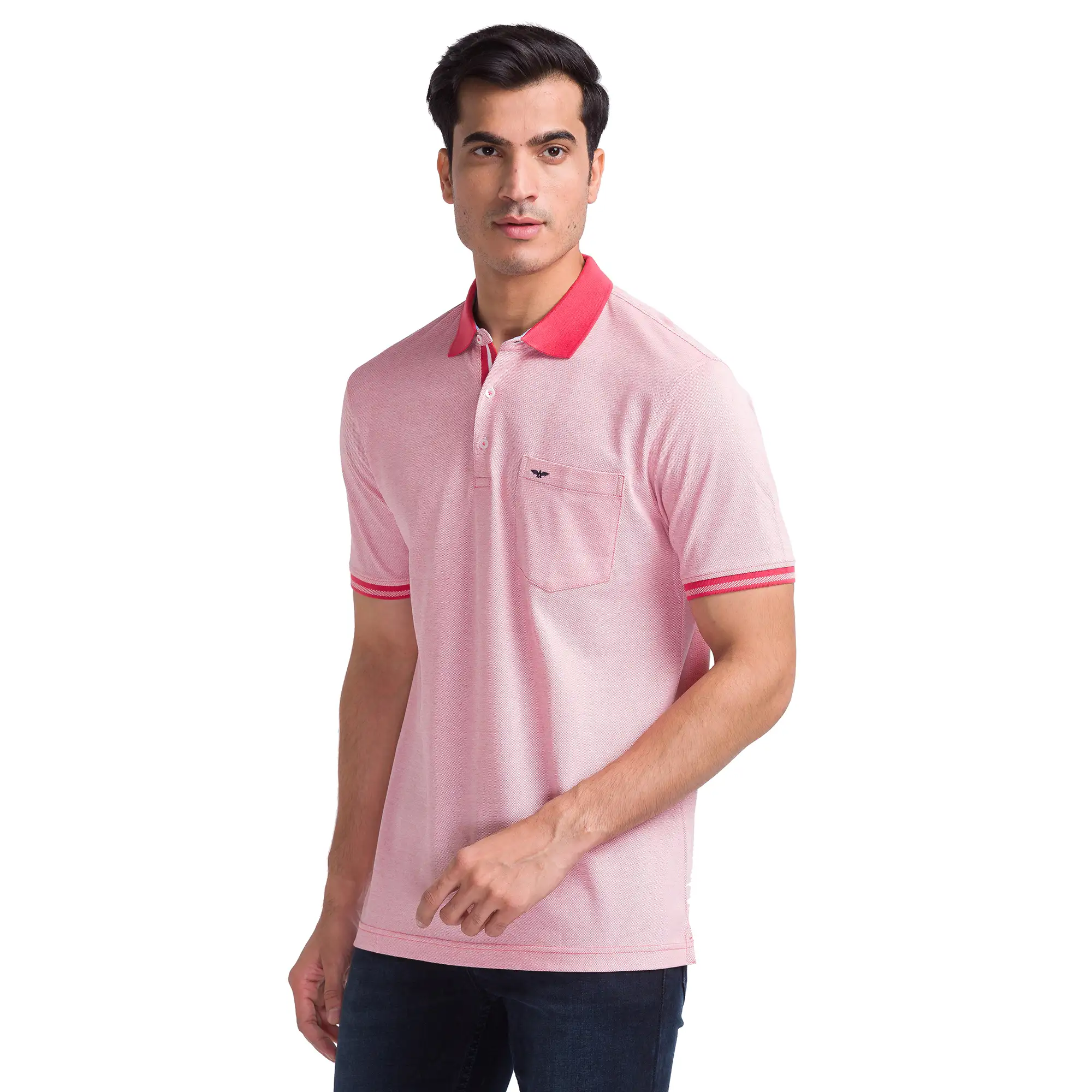Men Red Slim Fit Two Tone Cotton Round Neck Collar Polo T-Shirt - Image 3