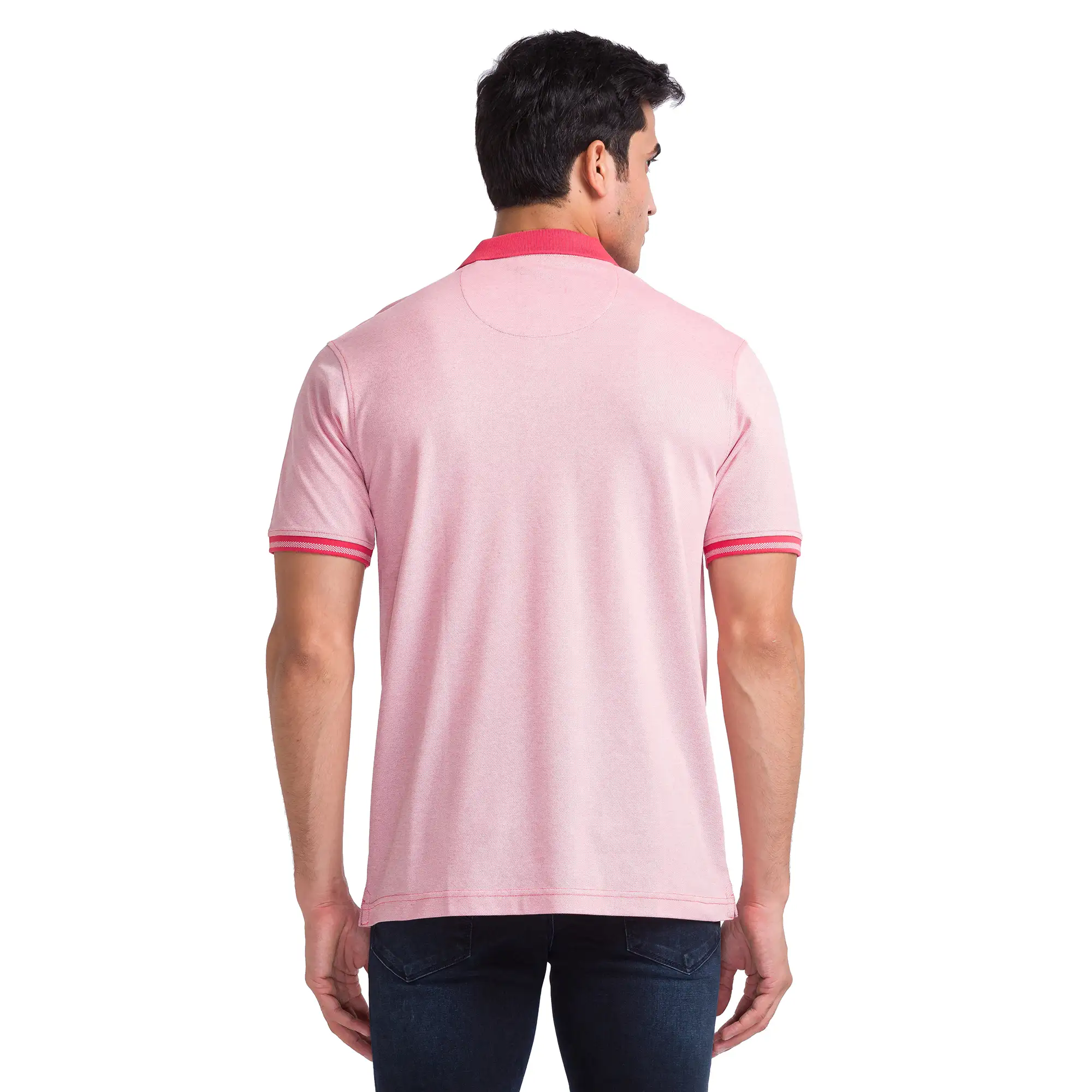Men Red Slim Fit Two Tone Cotton Round Neck Collar Polo T-Shirt - Image 4