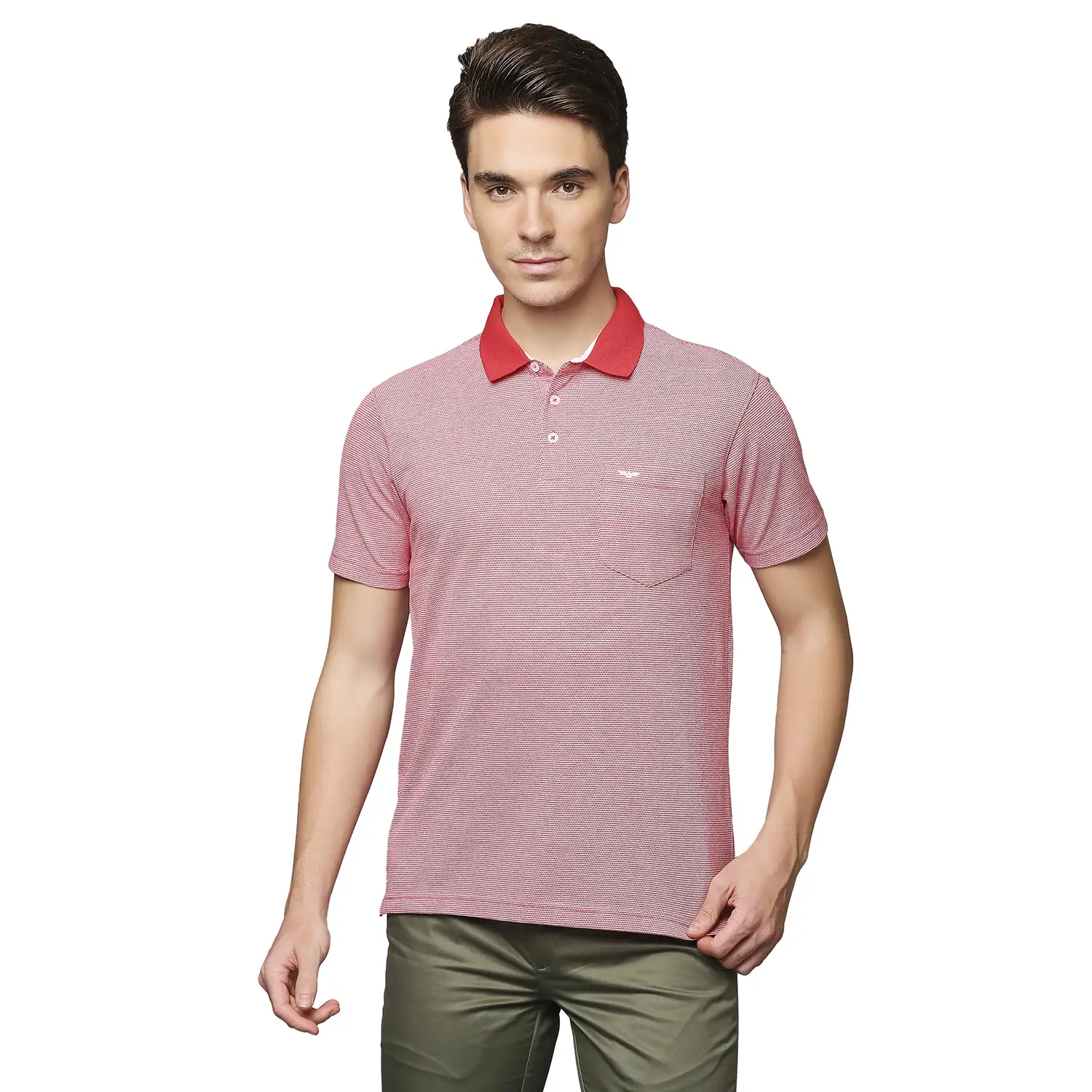 Men Red Slim Fit Two Tone Cotton Round Neck Collar Polo T-Shirt