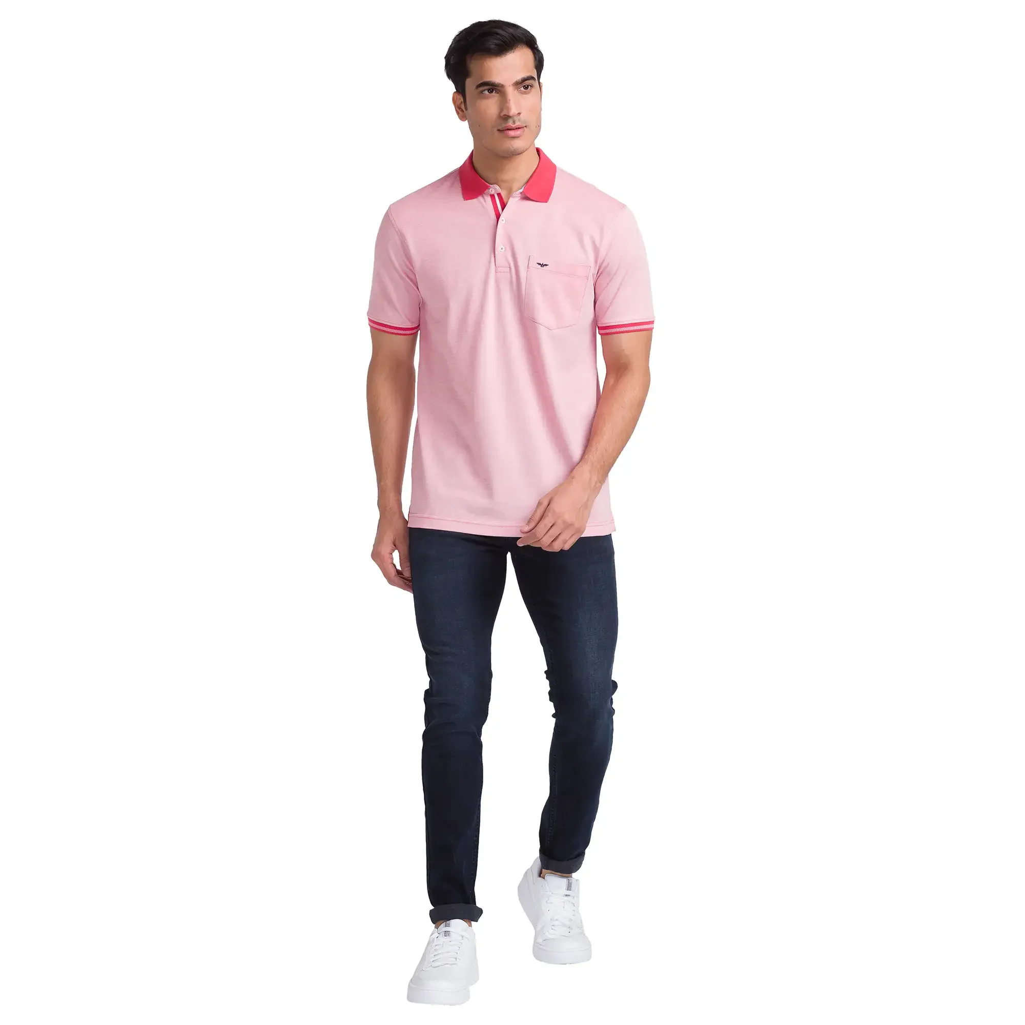 Men Red Slim Fit Two Tone Cotton Round Neck Collar Polo T-Shirt - Image 5