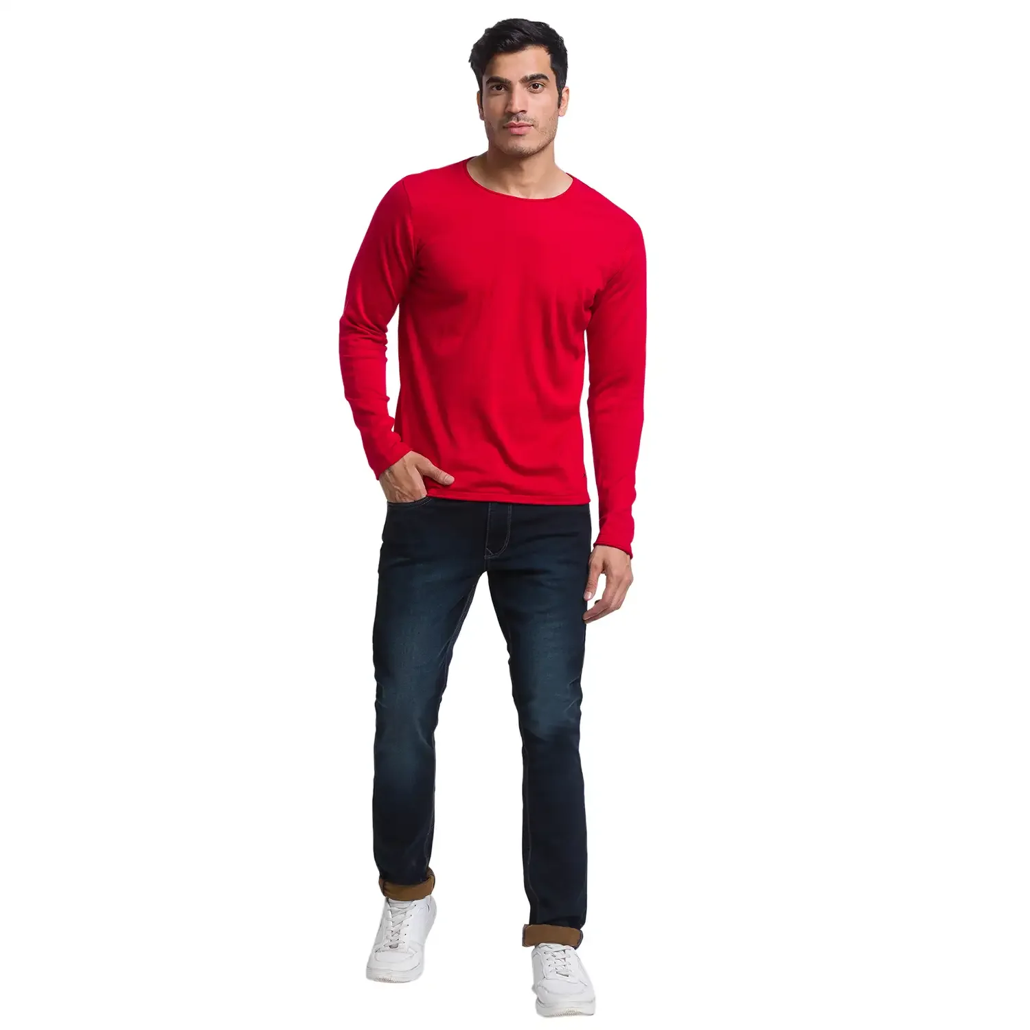 Men Red Solid Cotton Full Sleeve Sweaters - Image 5