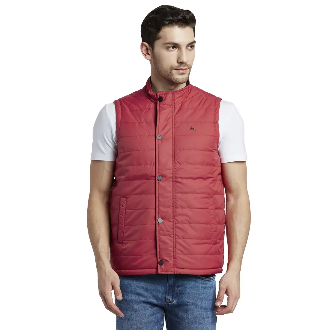 Men Red Solid Polyester Sleeveless Jackets