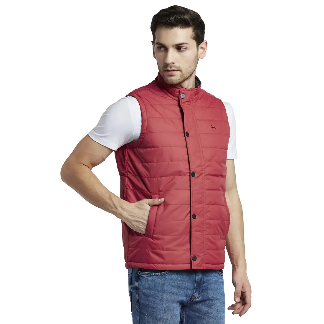 Men Red Solid Polyester Sleeveless Jackets - Image 2