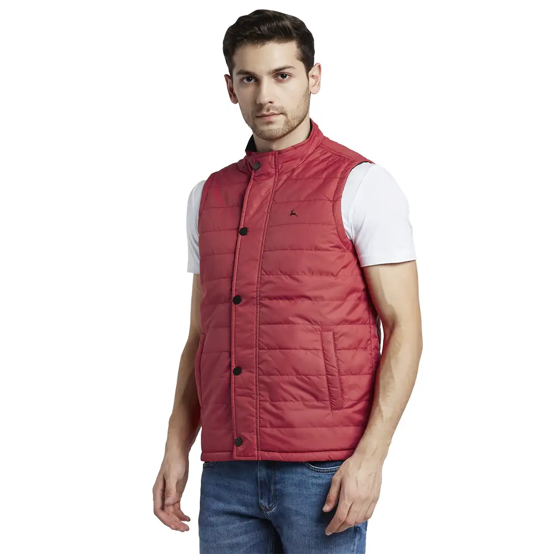 Men Red Solid Polyester Sleeveless Jackets - Image 3