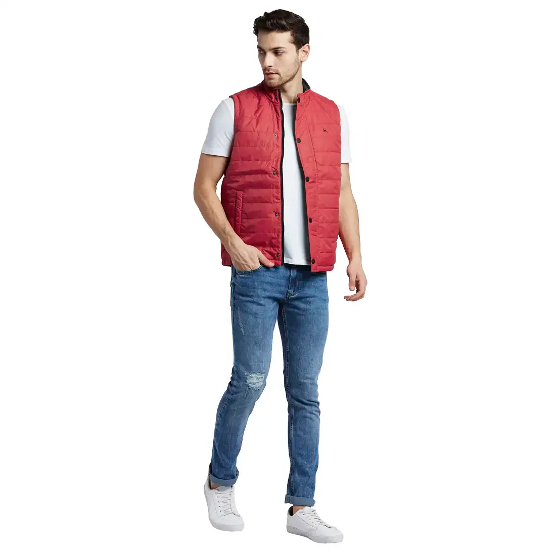 Men Red Solid Polyester Sleeveless Jackets - Image 5