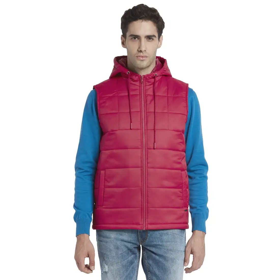 Men Red Solid Polyester Sleeveless Jackets