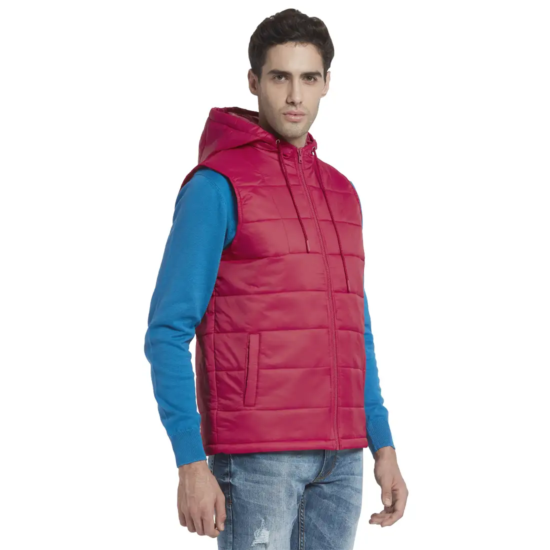 Men Red Solid Polyester Sleeveless Jackets - Image 2