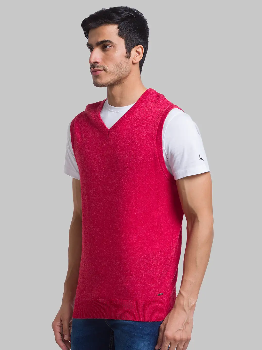 Men Red Solid Wool Blend Sleeveless Sweaters - Image 3