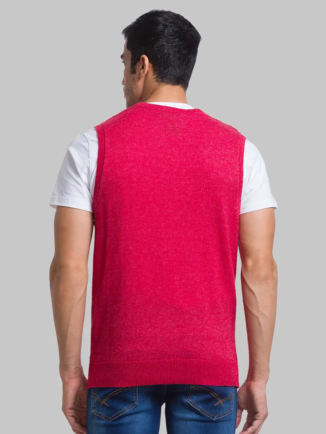 Men Red Solid Wool Blend Sleeveless Sweaters - Image 4