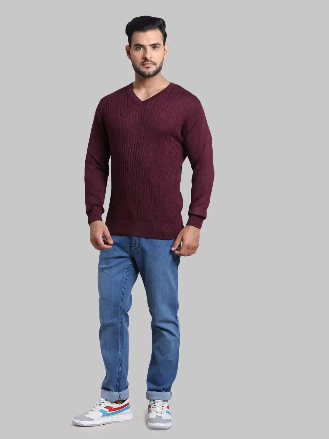 Men Red Tailored Fit Cable Acrylic Wool Blend Full Sleeve V Neck Collar Sweaters - Image 5