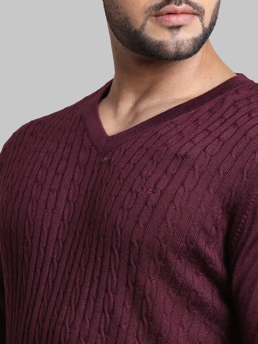 Men Red Tailored Fit Cable Acrylic Wool Blend Full Sleeve V Neck Collar Sweaters - Image 6