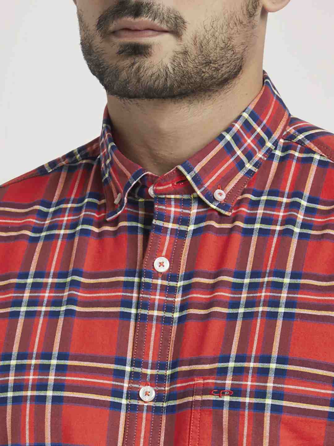 Men Red Tailored Fit Checks Cotton Blend Full Sleeve Shirts