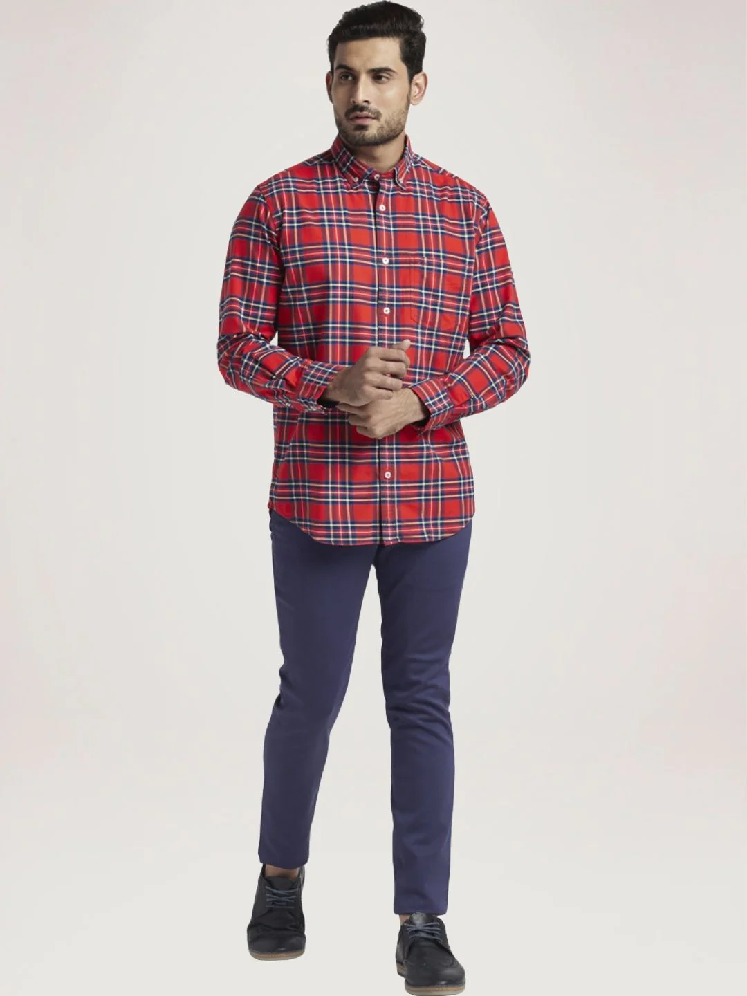 Men Red Tailored Fit Checks Cotton Blend Full Sleeve Shirts - Image 2
