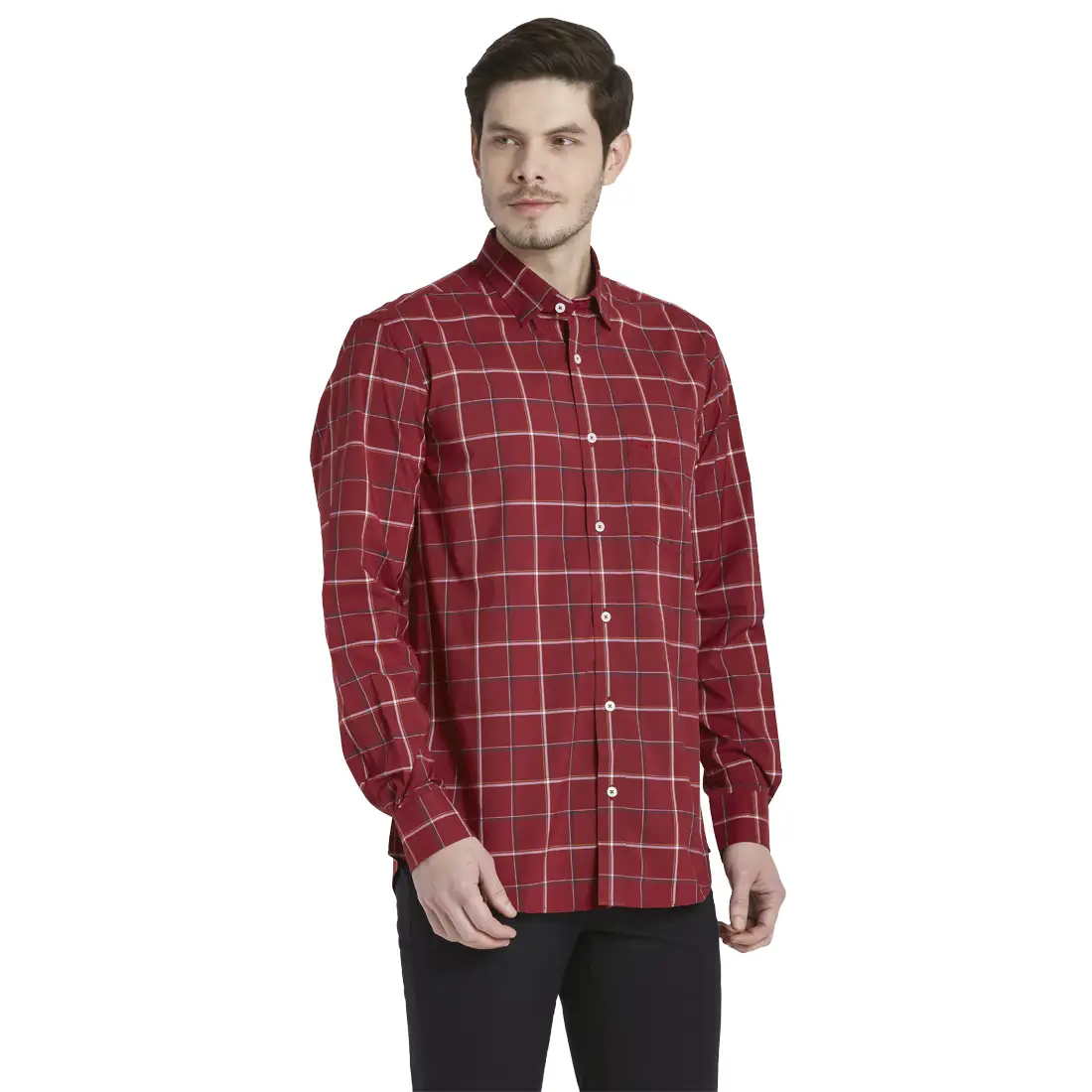 Men Red Tailored Fit Checks Cotton Blend Full Sleeve Shirts - Image 2