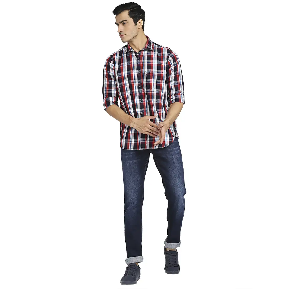Men Red Tailored Fit Checks Cotton Full Sleeve Shirts - Image 5