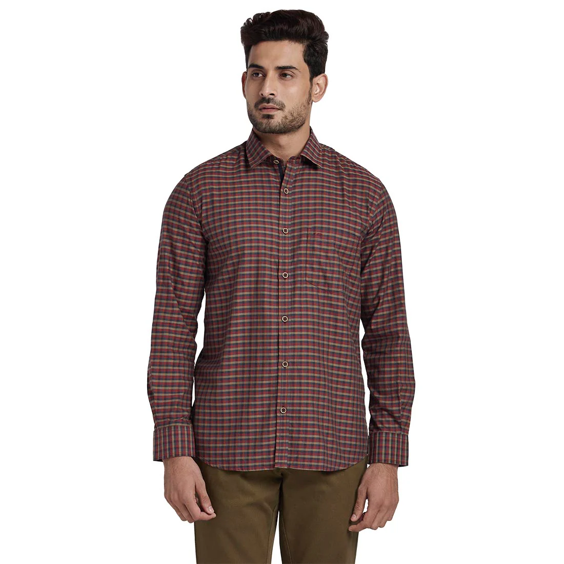 Men Red Tailored Fit Checks Cotton Full Sleeve Shirts