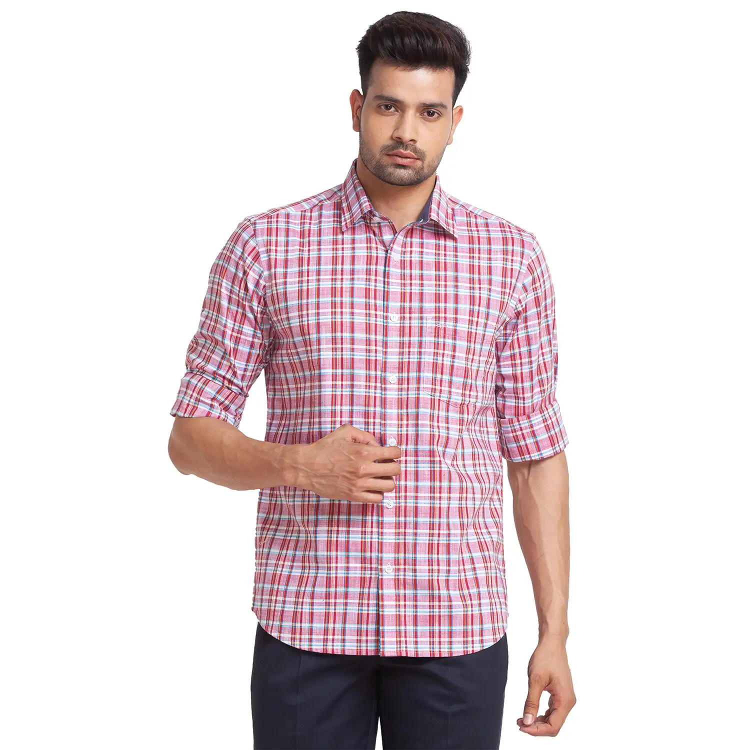 Men Red Tailored Fit Checks Cotton Full Sleeve Shirts