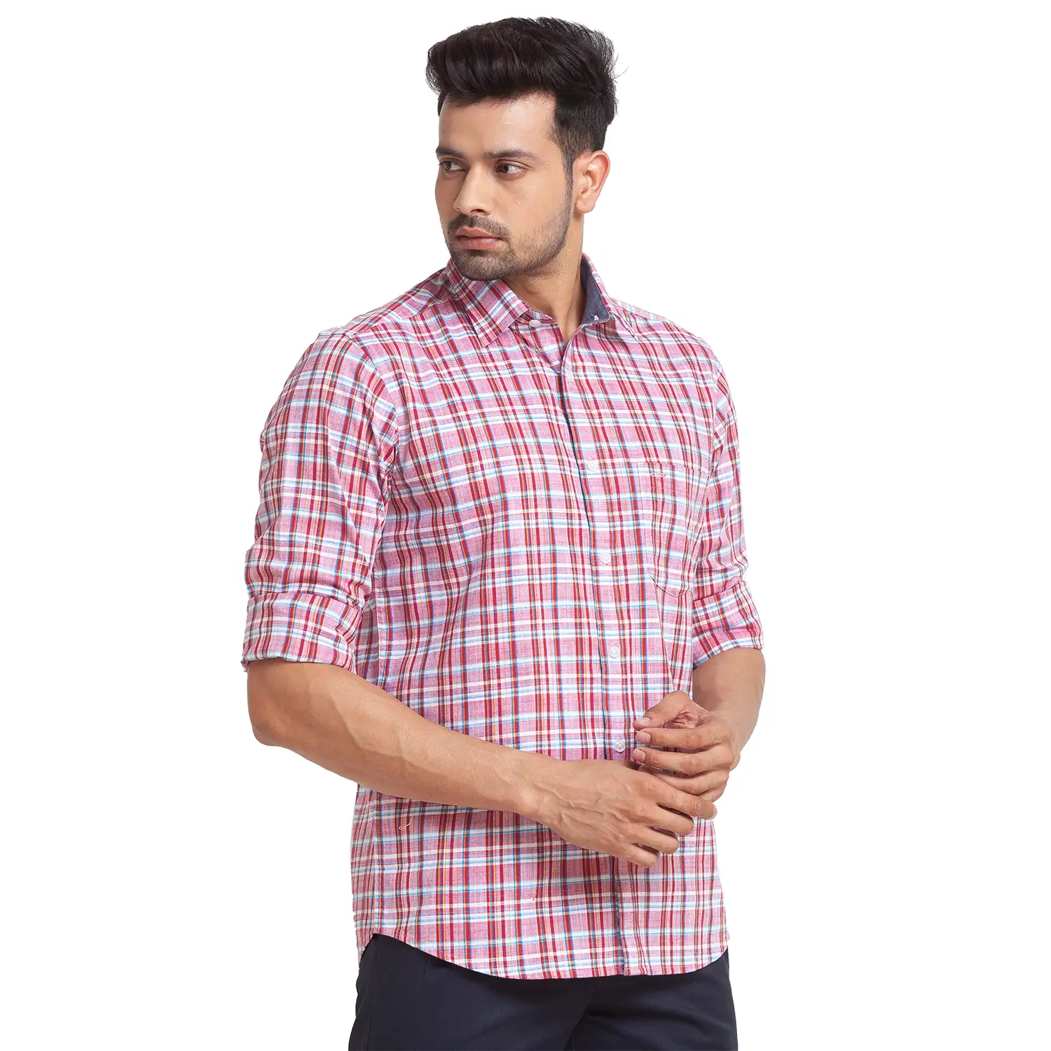 Men Red Tailored Fit Checks Cotton Full Sleeve Shirts - Image 2
