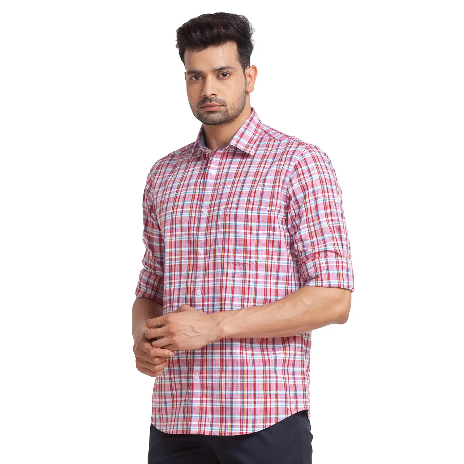 Men Red Tailored Fit Checks Cotton Full Sleeve Shirts - Image 3